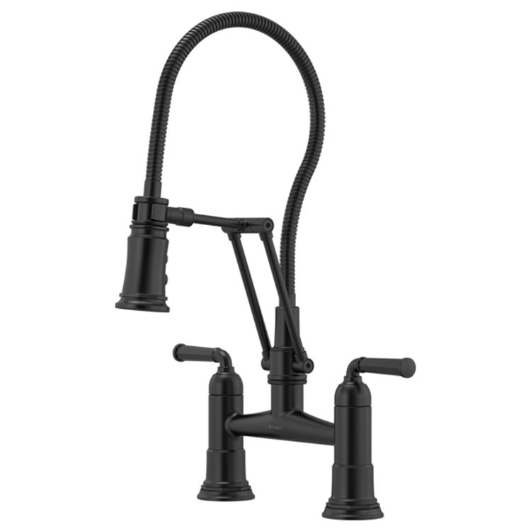 Brizo Rook Matte Black Two-Handle Articulating Bridge Kitchen Faucet with Finished Hose, MagneDock, 1.8 GPM - 62174LF-BL
