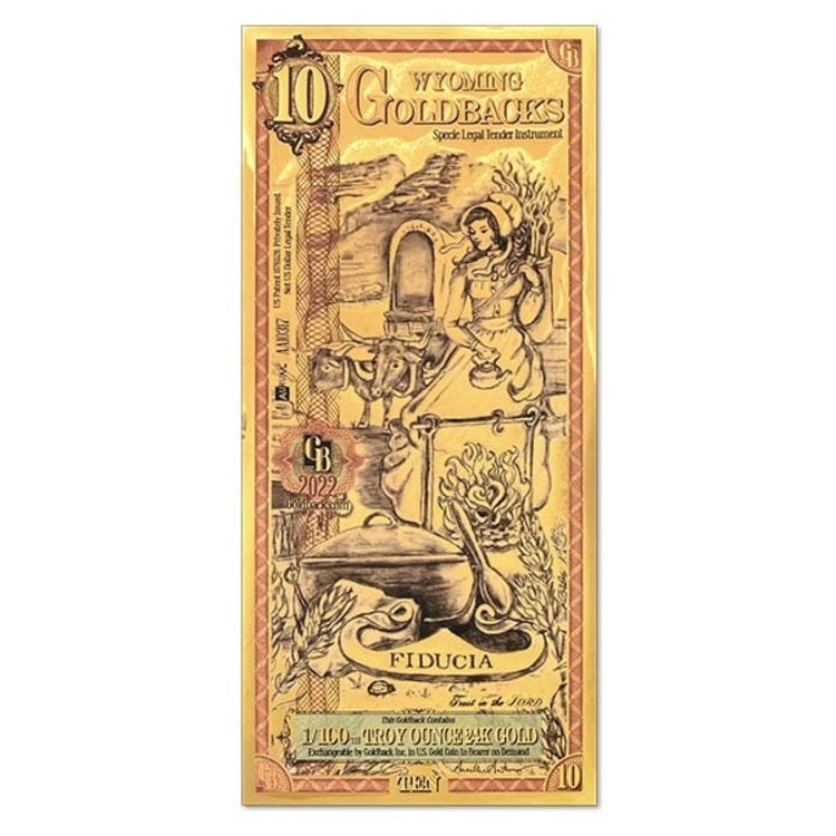Goldback 10 Bill - Wyoming, Fiducia - 1/100th Troy Oz .9999 Gold-Backed Bill