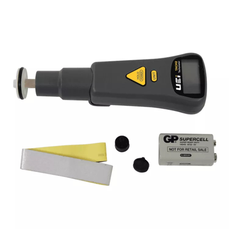 UEi Digital Contact/Non-Contact Tachometer with 9V Battery and Reflective Tape, 99999 RPM Range - TACH2