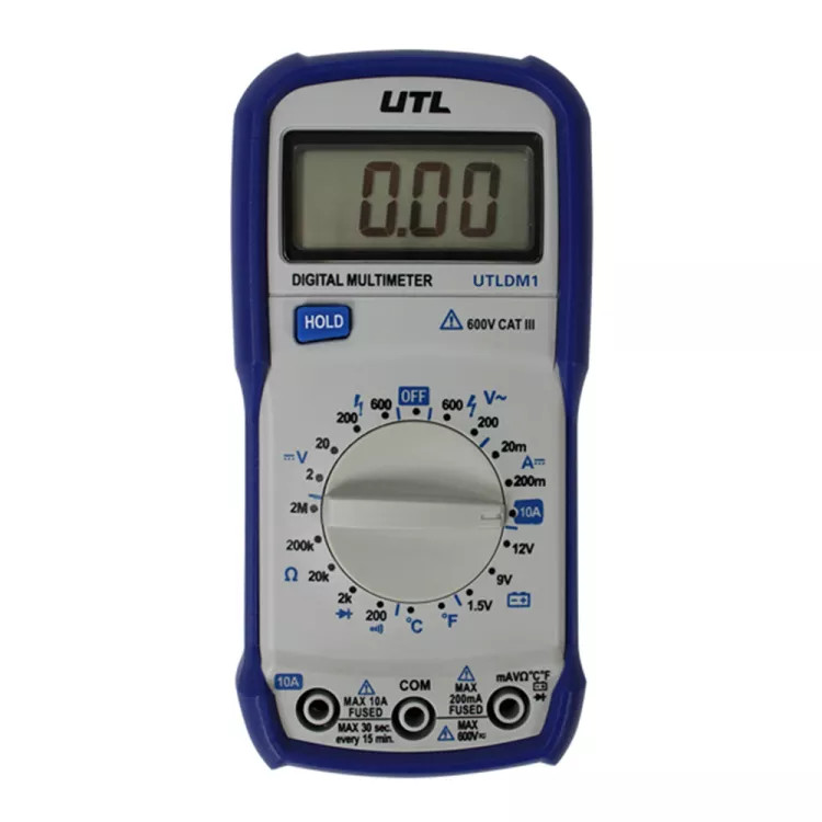 UEi 600V CAT III Manual Ranging Digital Multimeter with Test Leads, Temperature Probe, and 9V Battery, 2000 Display Count - UTLDM1