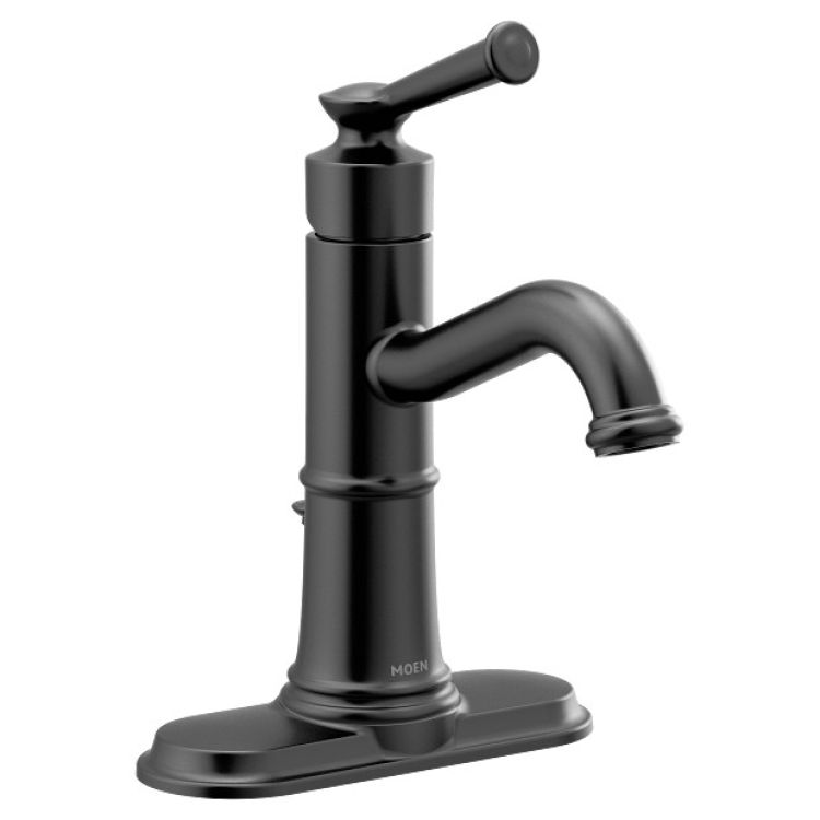 Moen Belfield Single-Handle High Arc Matte Black Bathroom Faucet with Deckplate and Metal Pop-Up, 1.2 GPM, ADA Lever Handle, Single-Hole - 6402BL