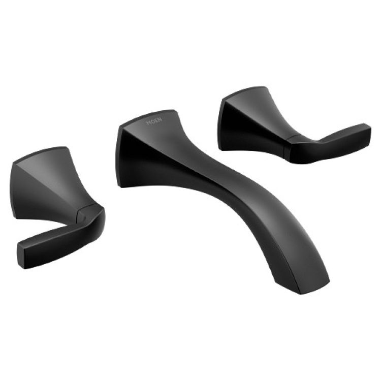 Moen Voss Two-Handle Wall-Mount Matte Black Bathroom Faucet, 7-3/8 inches Spout, 1.2 GPM, 60 PSI, WaterSense, ADA, Lever Handles, Three-Holes - T6906BL
