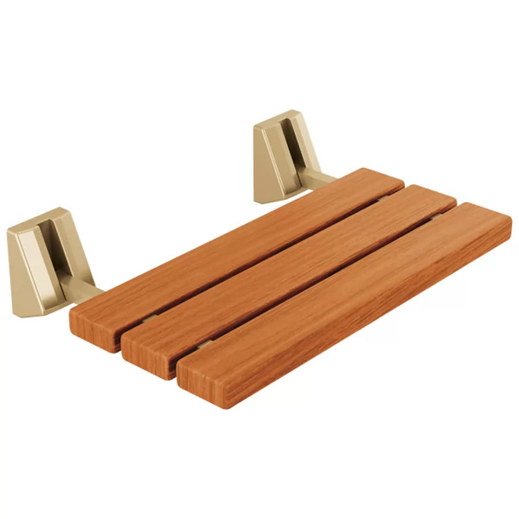 Delta Steam System 20in Tilt-Up Shower Seat with Champagne Bronze Brass Tubular Support Arms, Teak Wood, Lumicoat Technology - 5SE-SBS-6-CZ-PR