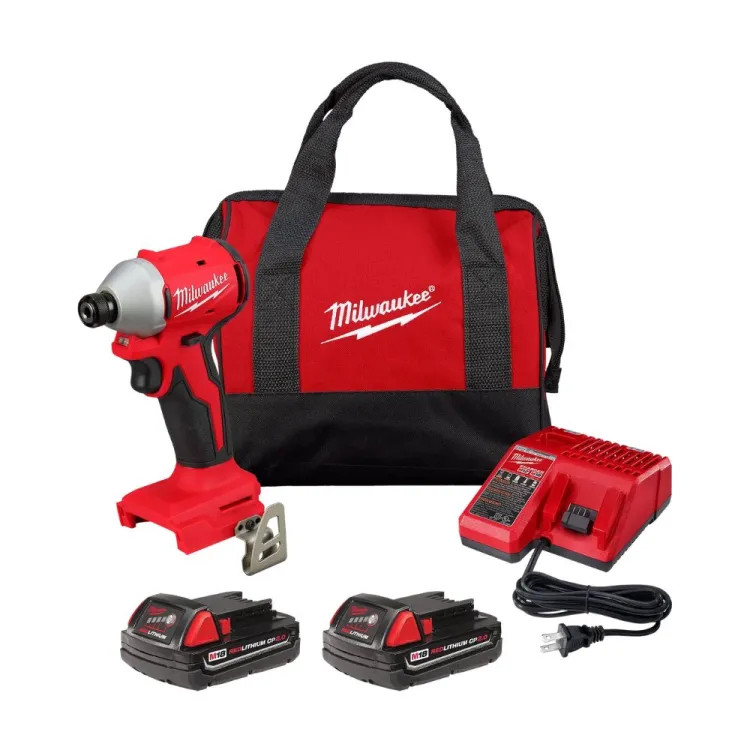 Milwaukee M18 Compact Brushless 1/4" Hex Impact Driver Kit with (2) CP2.0 Battery, Multi-Voltage Charger, and Contractor Bag - 3650-22CT