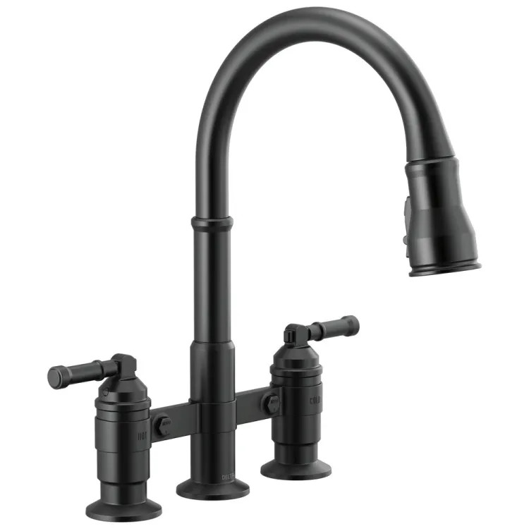 Delta Broderick Two Handle Pull Down Bridge Kitchen Faucet, Diamond Seal, ShieldSpray, MagnaTite, ADA, 1.8 GPM, Matte Black - 2390L-BL-DST