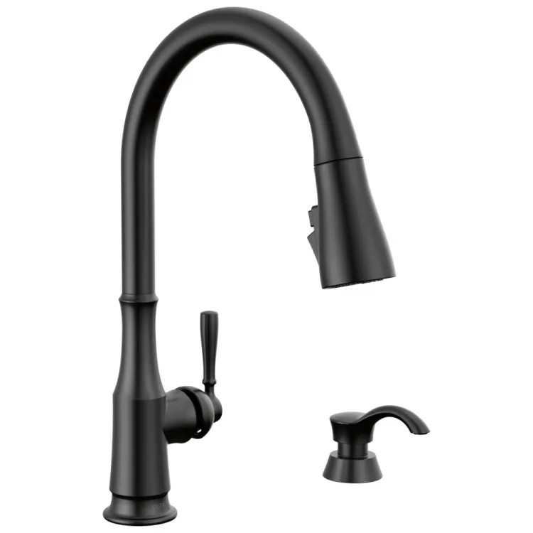 Delta Capertee Single Handle Pull-Down Kitchen Faucet with Soap Dispenser, ShieldSpray, Diamond Seal, ADA, 1.8 GPM, Matte Black - 19877Z-BLSD-DST