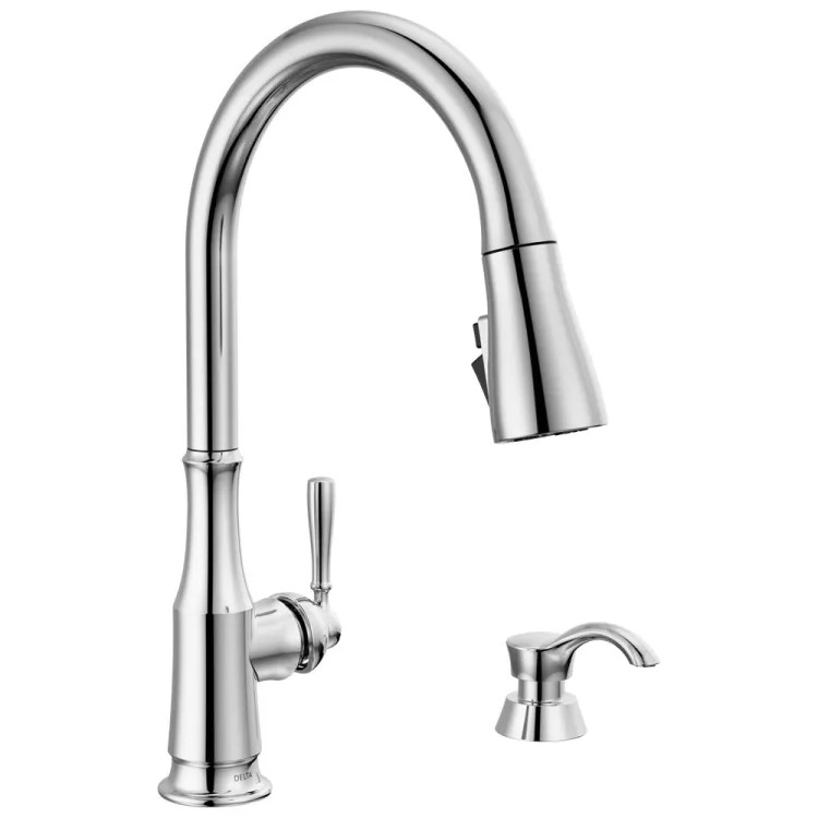 Delta Capertee Single Handle Pull-Down Kitchen Faucet with Soap Dispenser, ShieldSpray, Diamond Seal, ADA, 1.8 GPM, Chrome - 19877Z-SD-DST