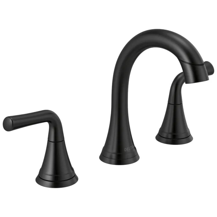 Delta Kayra Two-Handle Widespread Bathroom Faucet With Metal Pop-Up, Deck Mount, Pull Down, 1.2 GPM, Matte Black - 3533LF-BLPDMPU