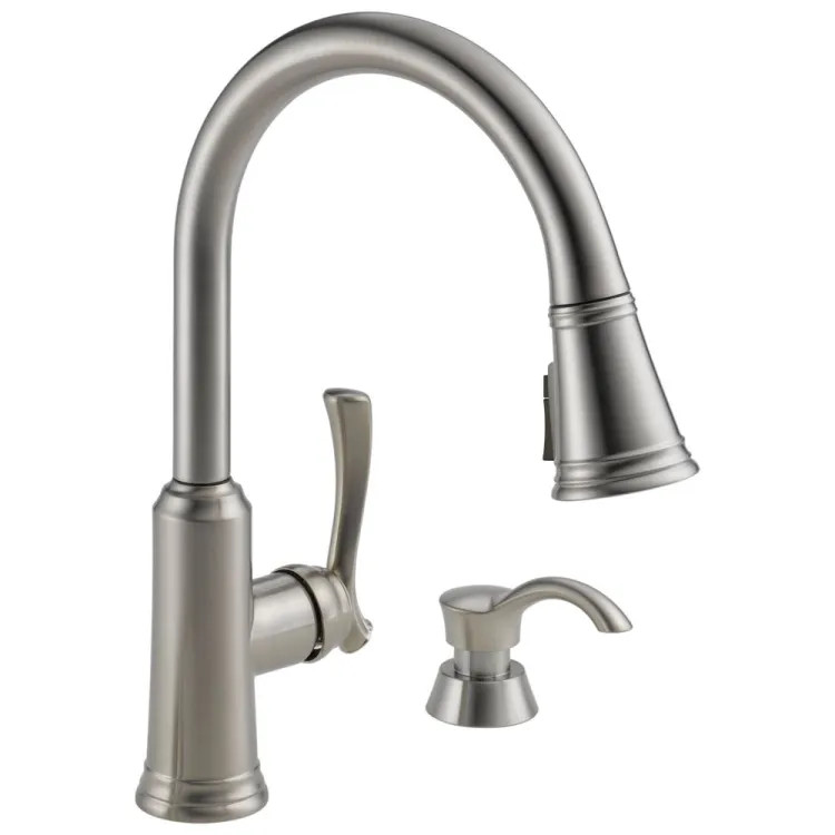 Delta Lakeview Pull Down Kitchen Faucet With Soap Dispenser, Single Handle, ShieldSpray, 1.8 GPM, Stainless - 19963Z-SSSD-DST 