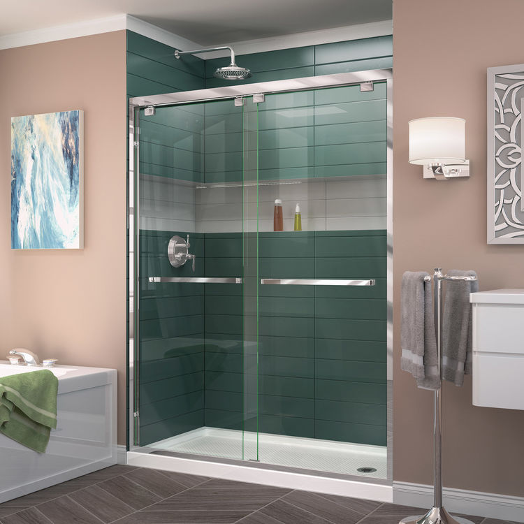 DreamLine Encore 34" D x 60" W x 78 3/4" H Bypass Shower Door in Chrome and Right Drain Biscuit Base Kit - DL-7006R-22-01