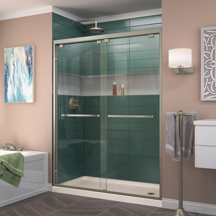 DreamLine Encore 34" D x 60" W x 78 3/4" H Bypass Shower Door in Brushed Nickel and Right Drain Biscuit Base Kit - DL-7006R-22-04