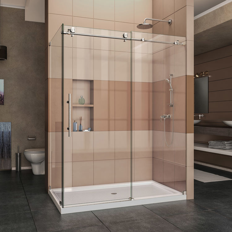 DreamLine Enigma-X 32 1/2" D x 60 3/8" W x 76" H Fully Frameless Sliding Shower Enclosure in Brushed Stainless Steel - SHEN-6132601-07