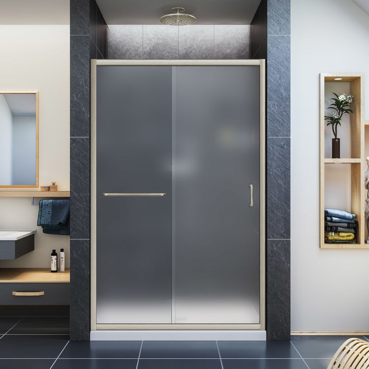 DreamLine Infinity-Z 36" D x 48" W x 74-3/4" H Frosted Sliding Shower Door in Brushed Nickel, Center Drain Biscuit Base - DL-6975C-22-04F