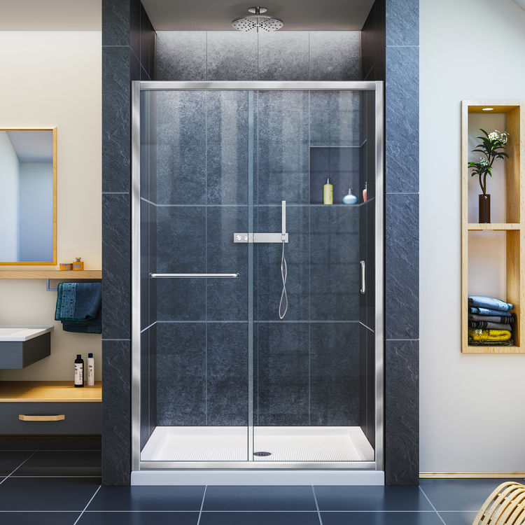 DreamLine Infinity-Z 36" D x 48" W x 74-3/4" H Clear Sliding Shower Door in Chrome and Center Drain Biscuit Base - DL-6975C-22-01