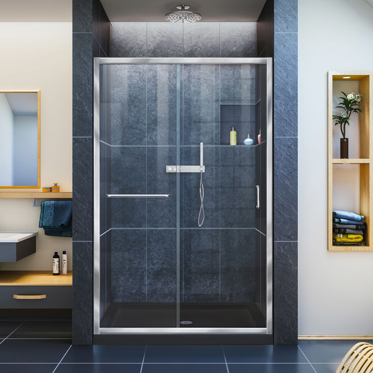 DreamLine DL-6975C-88-01 Infinity-Z Clear Glass Sliding Shower Door, Center Drain Black Base - Chrome 