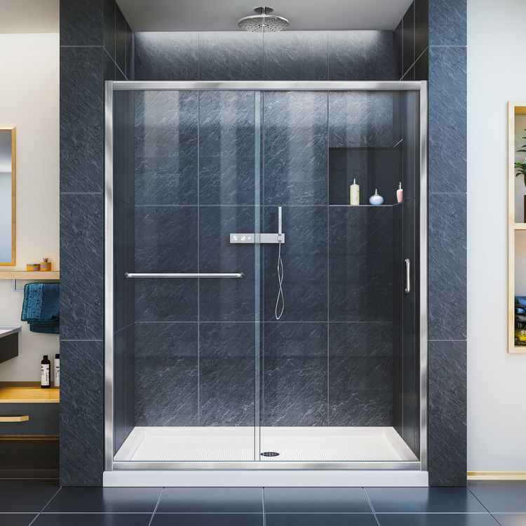 DreamLine Infinity-Z 32" D x 60" W x 74-3/4" H Clear Sliding Shower Door in Chrome and Center Drain Biscuit Base - DL-6971C-22-01