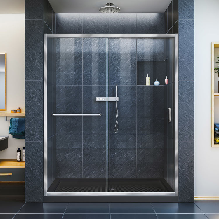 DreamLine Infinity-Z 30" D x 60" W x 74-3/4" H Clear Sliding Shower Door in Chrome and Right Drain Black Base - DL-6970R-88-01