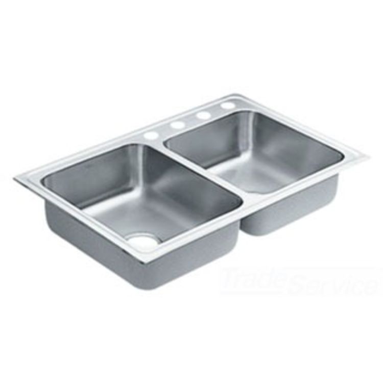 Moen S22316 LANCELOT 33x22 STAINLESS DROP IN SINK 18 GAUGE 2 BOWL 4 HOLE
